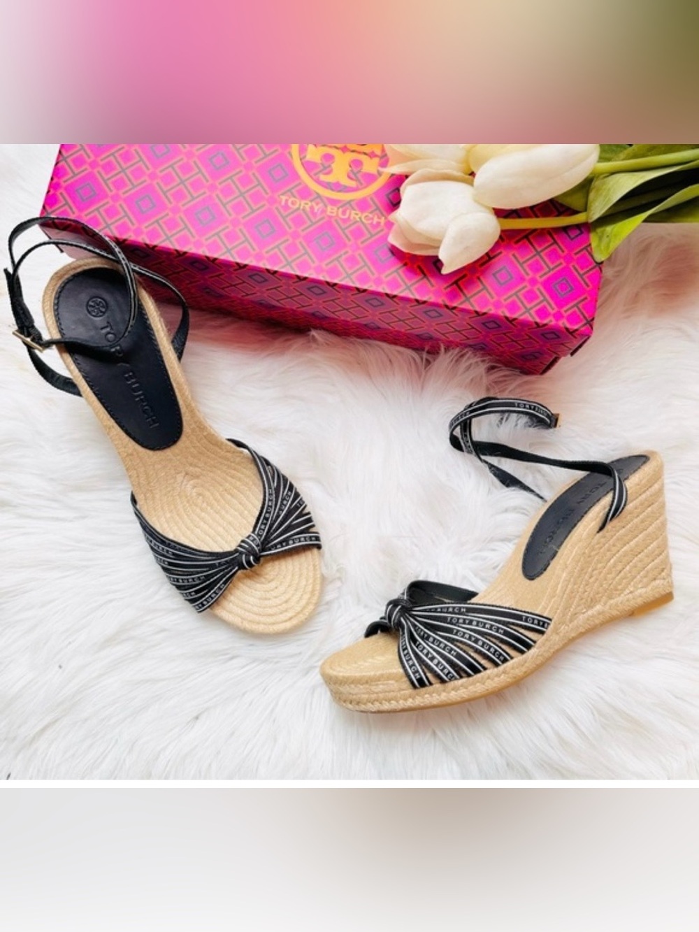 Tory Burch Black Knotted Ribbon Espadrille Wedge, US11, excellent condition